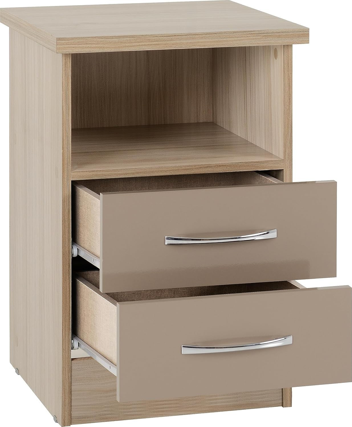 2 Drawer Bedside Table in Oyster Gloss & Light Oak – Modern Nightstand
