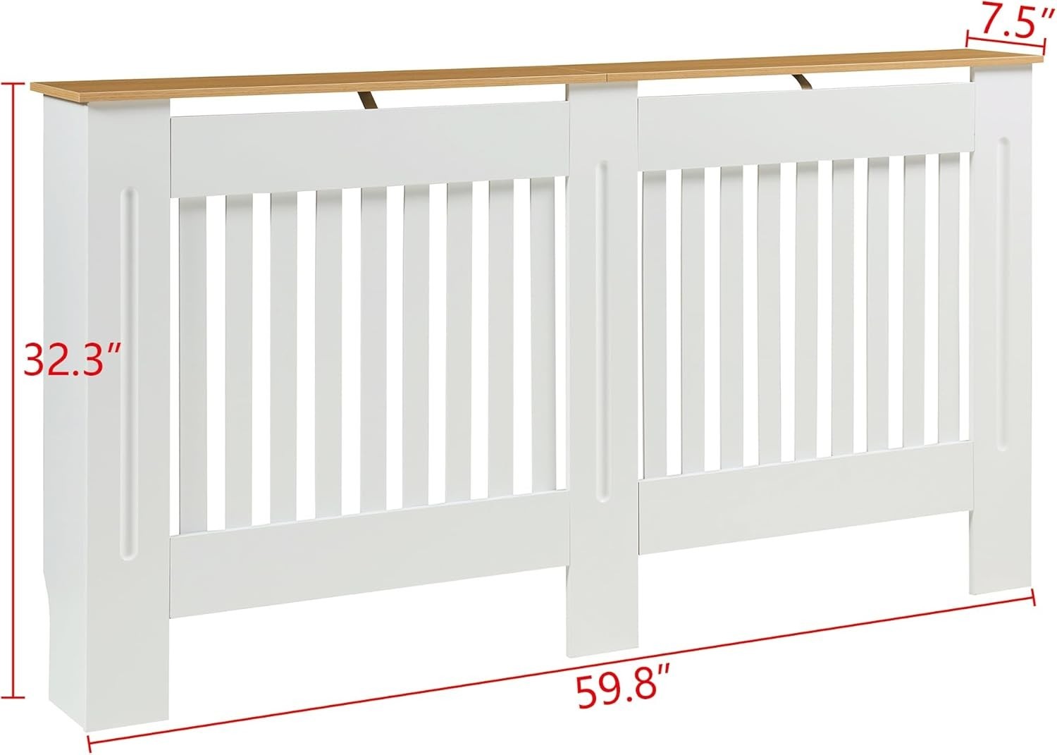 Large White Radiator Cover 152cm Wood Top Modern Slatted Heating Cabinet
