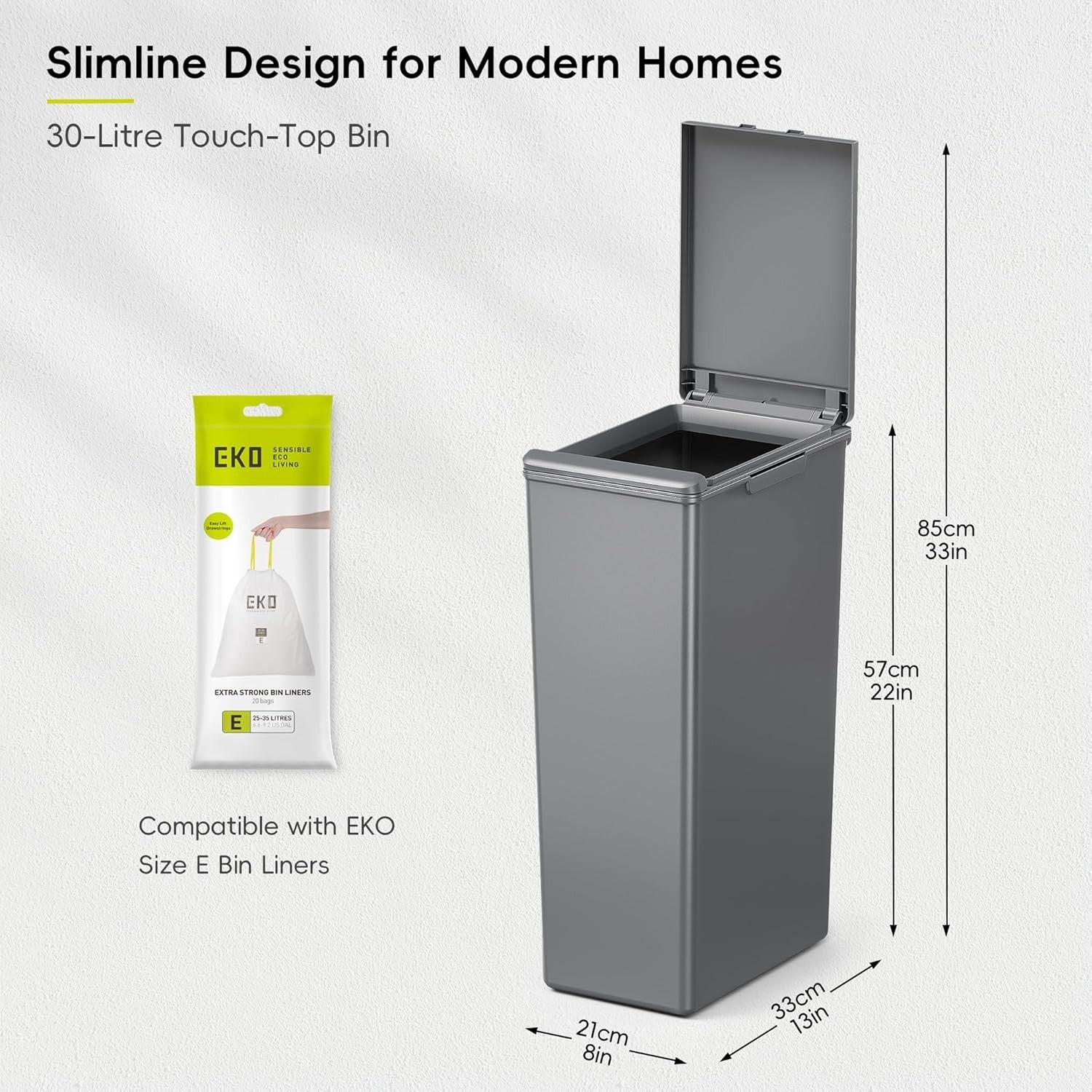 Slim 30L Kitchen Recycling Bin Touch-Top Lid Plastic Waste Sorter