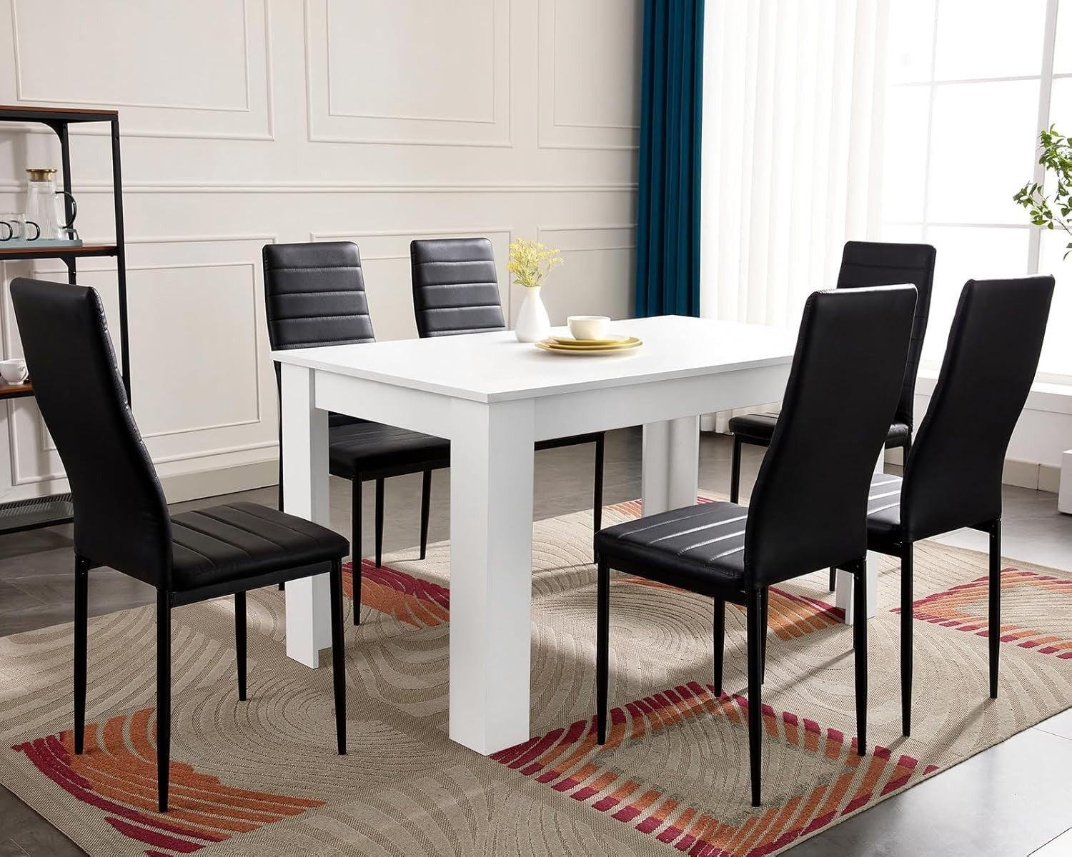 6 Seater White Dining Table Set with Black PU Chairs Modern 140cm