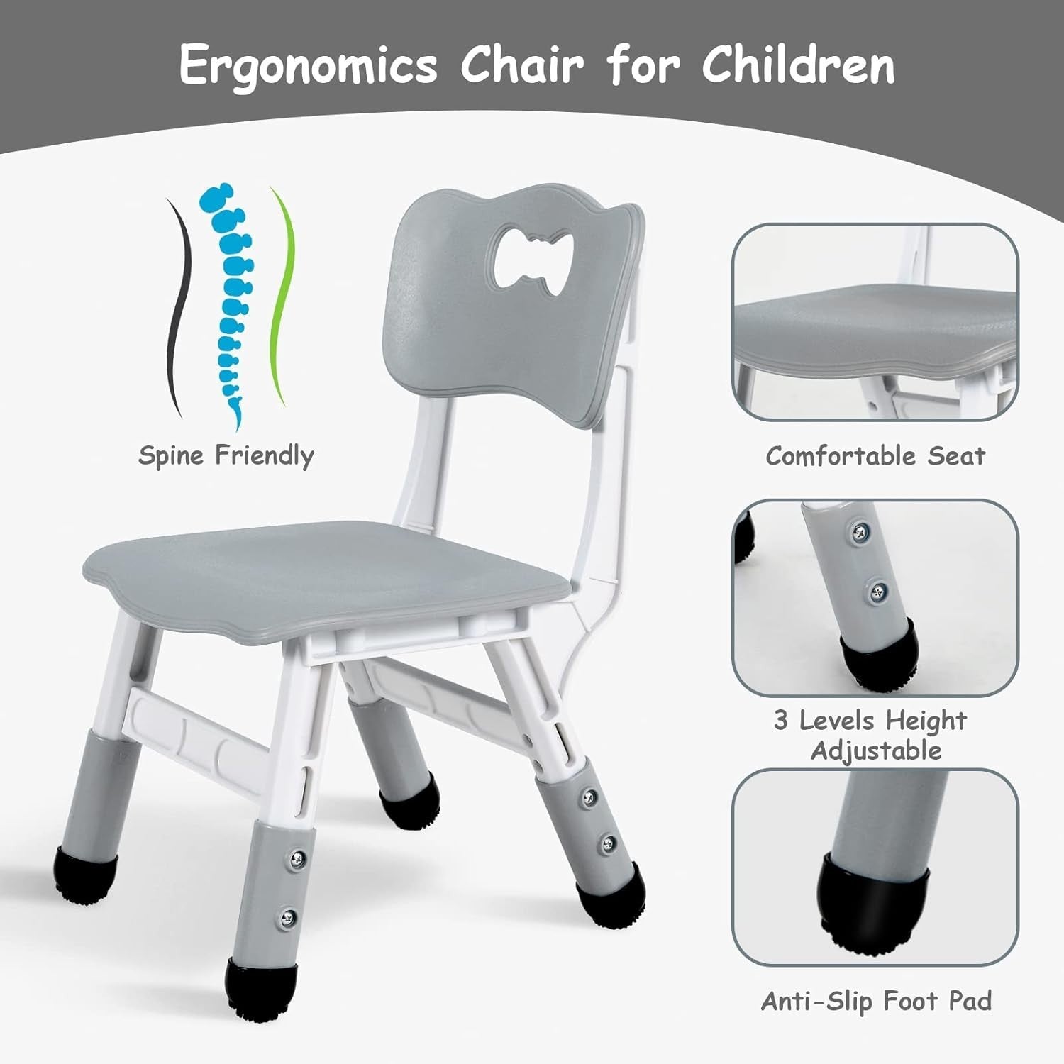 Kids Table and 4 Chairs Set Adjustable Height Study Play Dining Furniture Grey