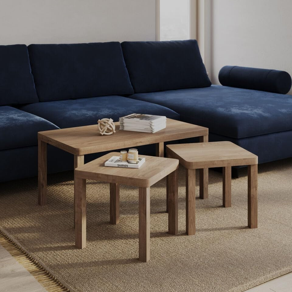 Space Saving Oak Nesting Coffee Table Set 3: Large Rectangular + 2 Square End Ta