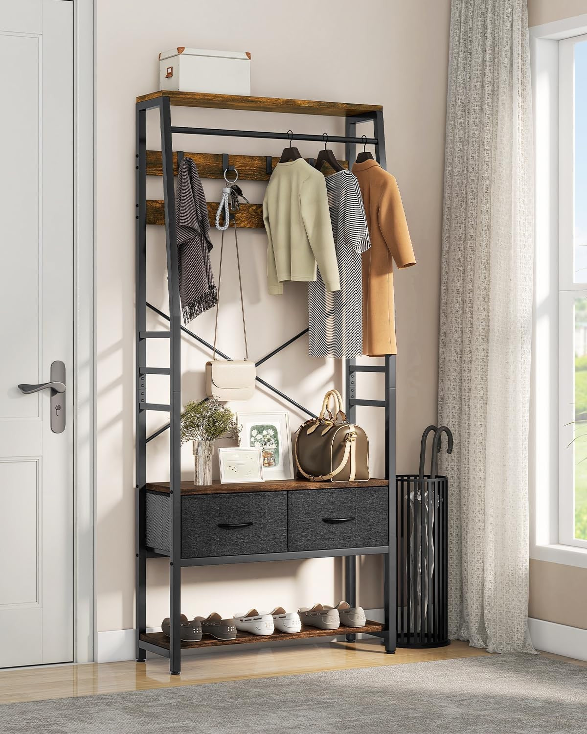 Rustic Brown Hall Tree Coat Rack | Bench with Shoe Storage & Drawers Organizer