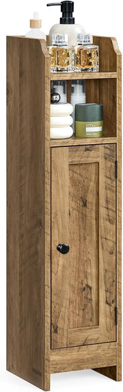 Slim Honey Brown Bathroom Storage Cabinet with Door, Adjustable Shelf & Narrow