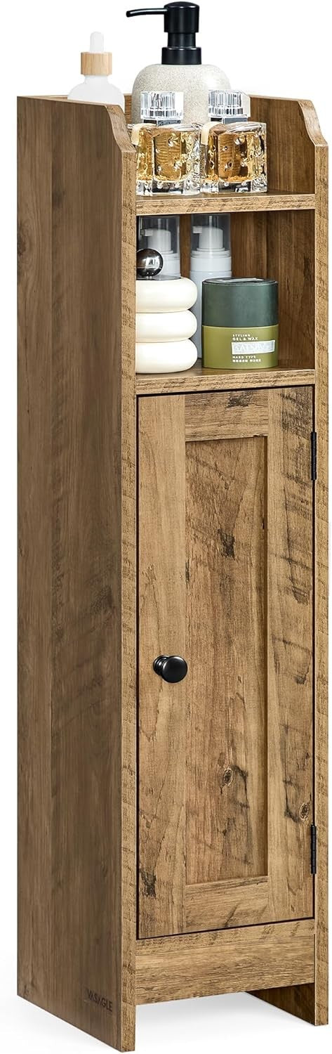 Slim Honey Brown Bathroom Storage Cabinet with Door, Adjustable Shelf & Narrow