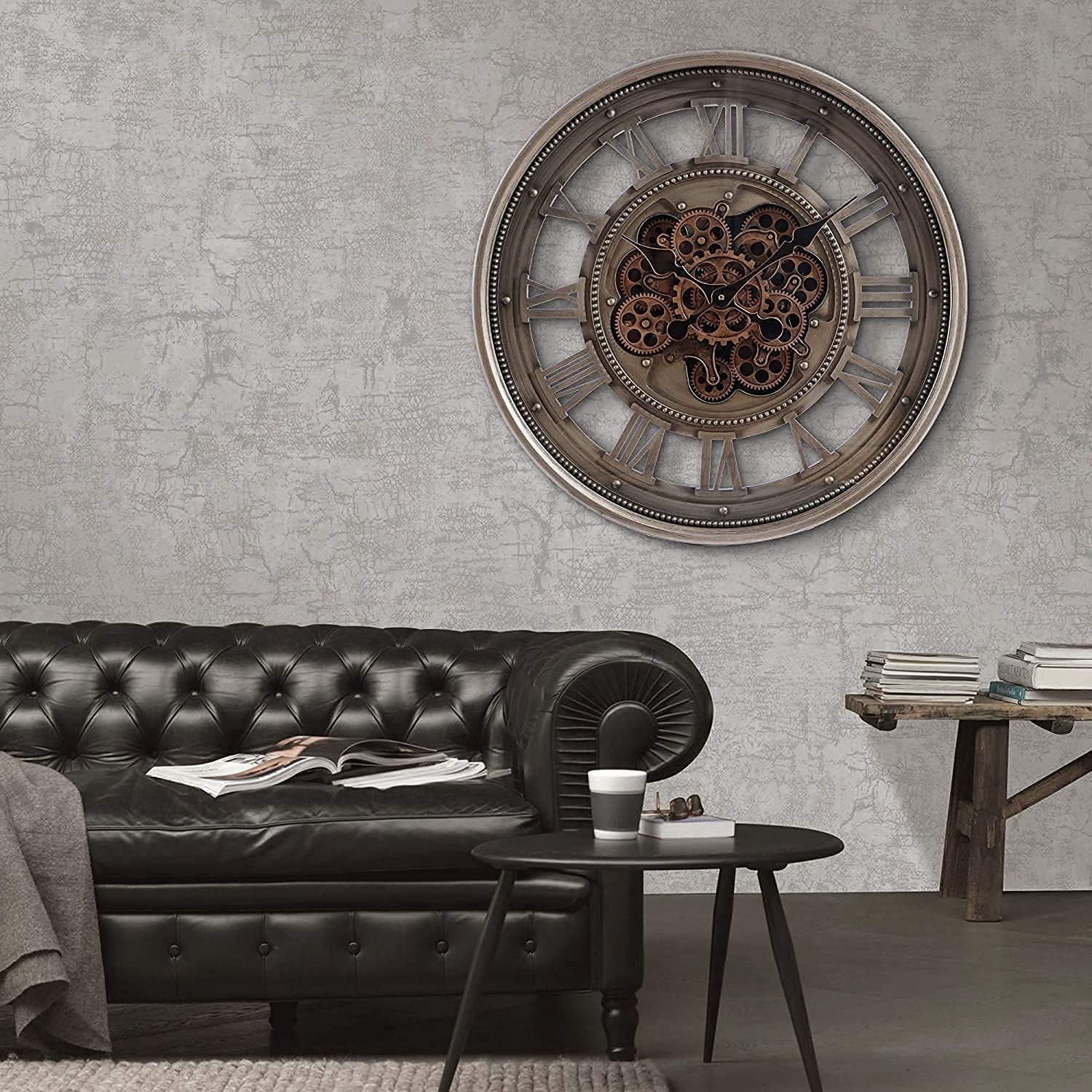 60cm Bronze Wall Clock Industrial Moving Gears Roman Numerals Vintage