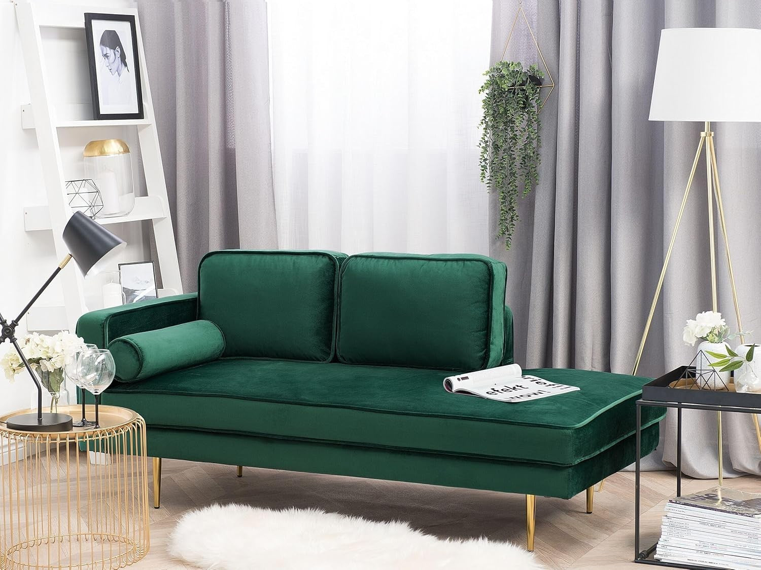 Emerald Green Velvet Chaise Lounge | Gold Legs, Glam Sofa, Small Space Ready