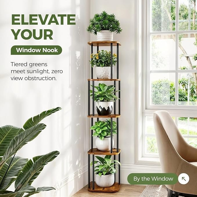 5 Tier Metal Wood Plant Stand Indoor Outdoor Tall Flower Shelf 29x30x138cm