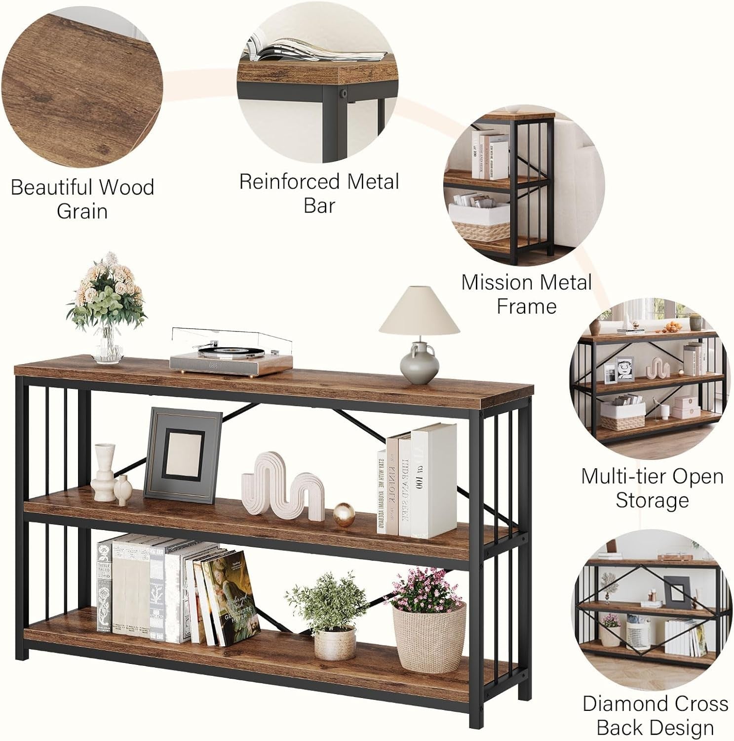 Rustic Industrial Console Table 3-Tier Storage Wood Metal 120x34x74cm