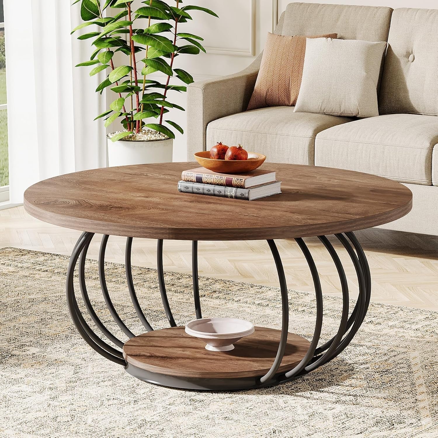 Round 2-Tier Coffee Table with Storage, Metal Frame & Wooden Grain Top