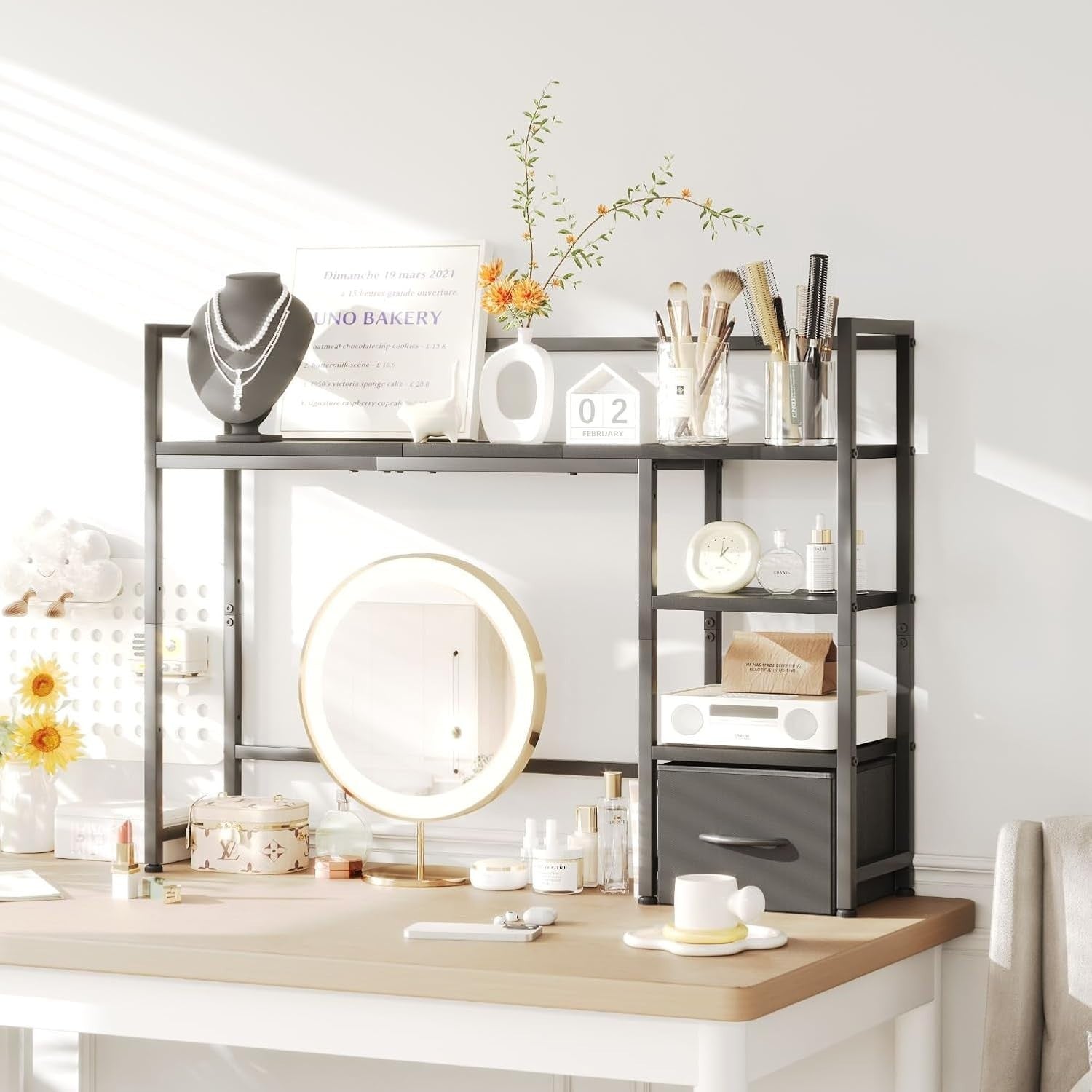 41" Desk Hutch Organizer Shelf with Drawer | 3-Tier Desktop Rack for Monitor 32"