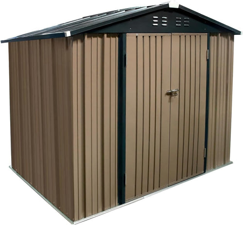 7.5x6FT Metal Garden Shed Lockable Tool Storage House Brown