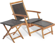 Outdoor Rattan Sun Lounger Recliner with Retractable Ottoman & Side Table