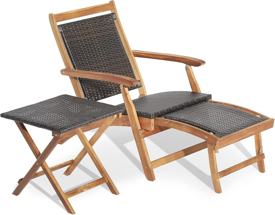 Outdoor Rattan Sun Lounger Recliner with Retractable Ottoman & Side Table