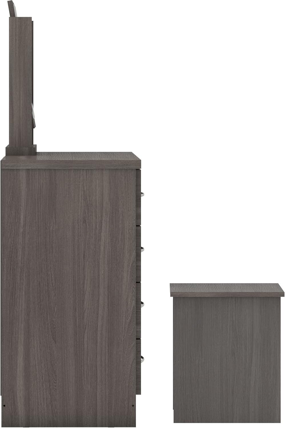 4-Drawer Dressing Table Set with Stool Mirror Black Wood Grain Modern Bedroom