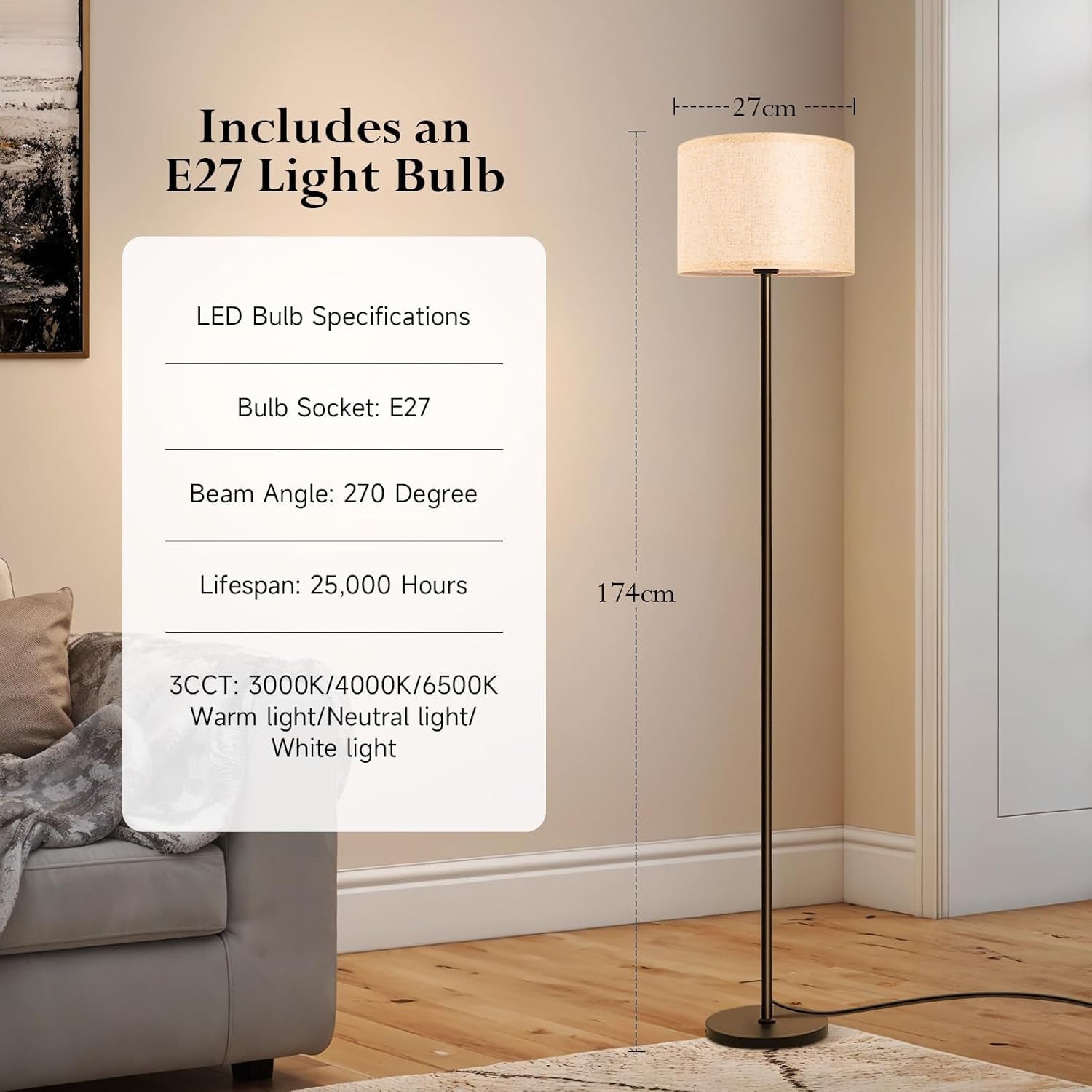 Modern Floor Lamp Linen Shade E27 Reading Light Tall Standing Lamp