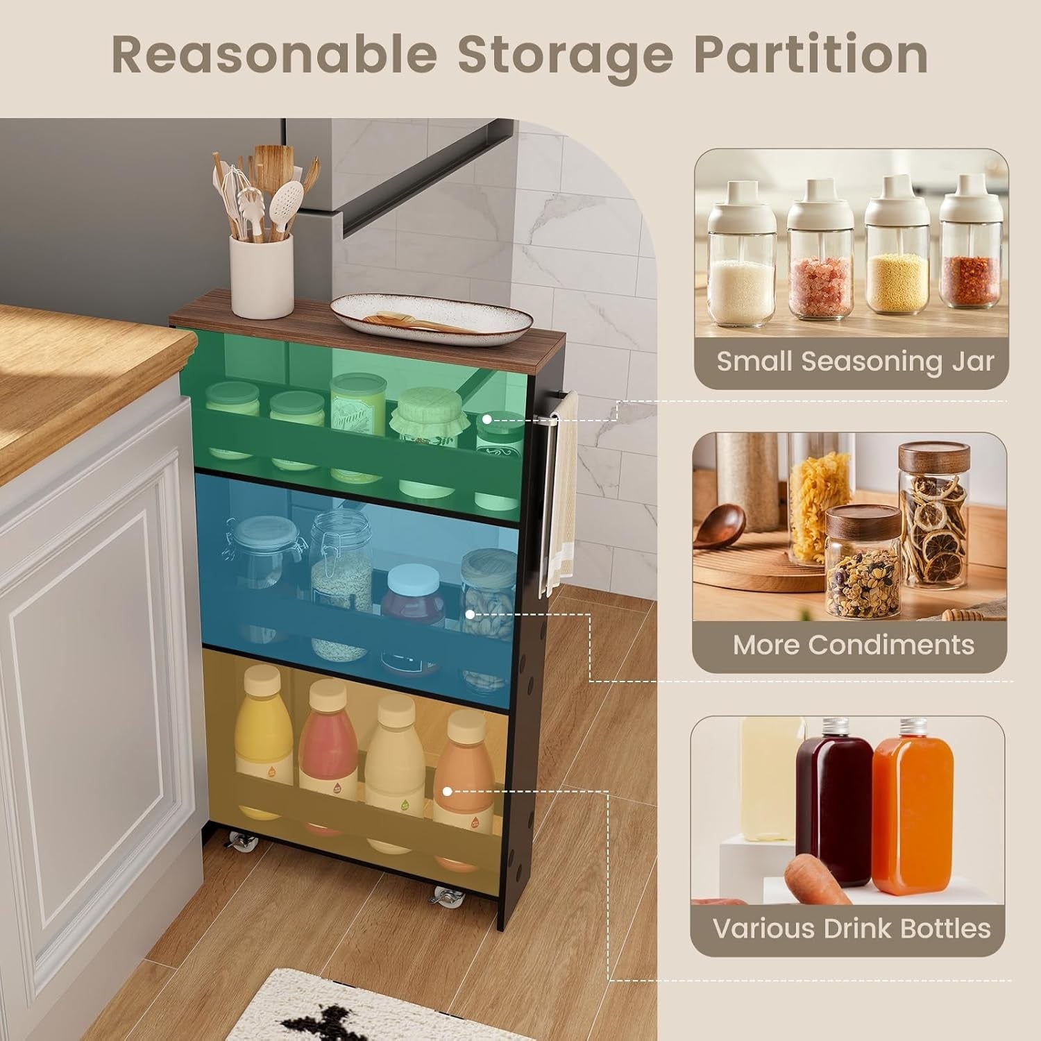 Slim Storage Trolley on Wheels 4 Tier Slide Out Kitchen Bathroom Organizer
