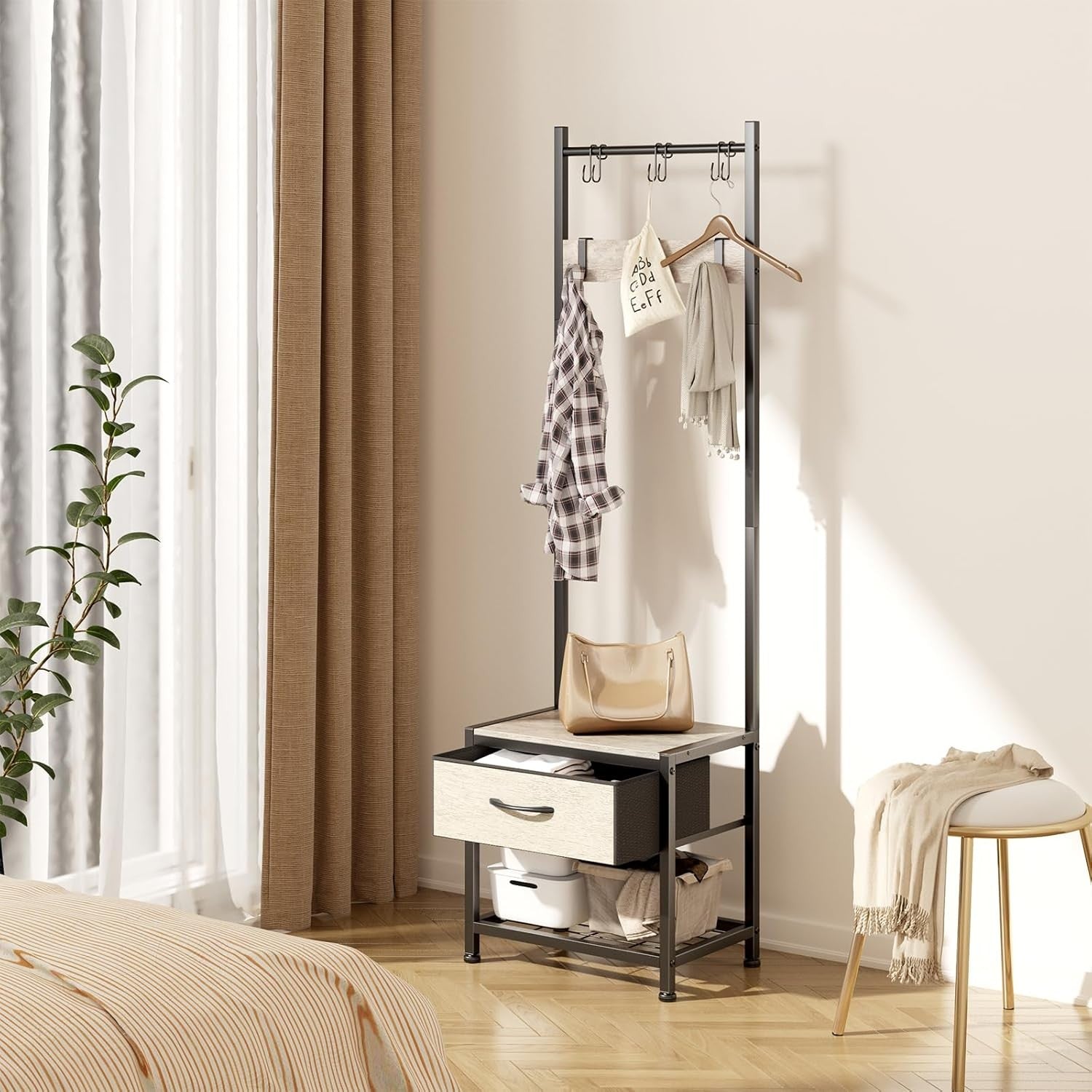 Narrow Coat Rack with Drawer & Shoe Bench | Greige Industrial Hall Stand