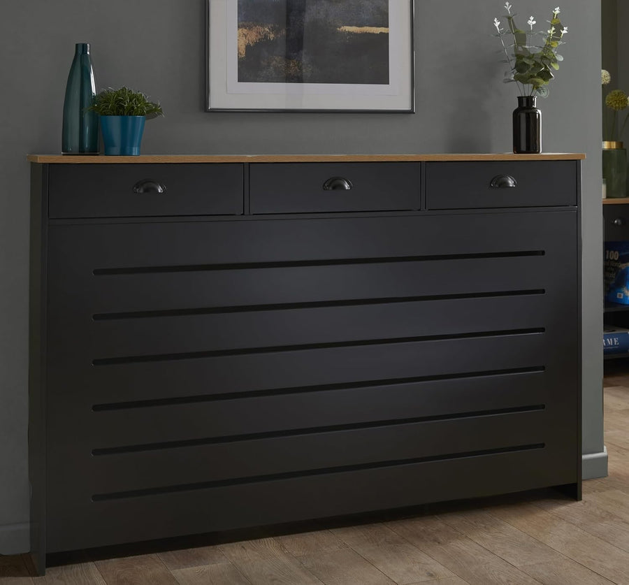 Modern Radiator Cover Cabinet with Storage Drawers Black MDF Unit Large