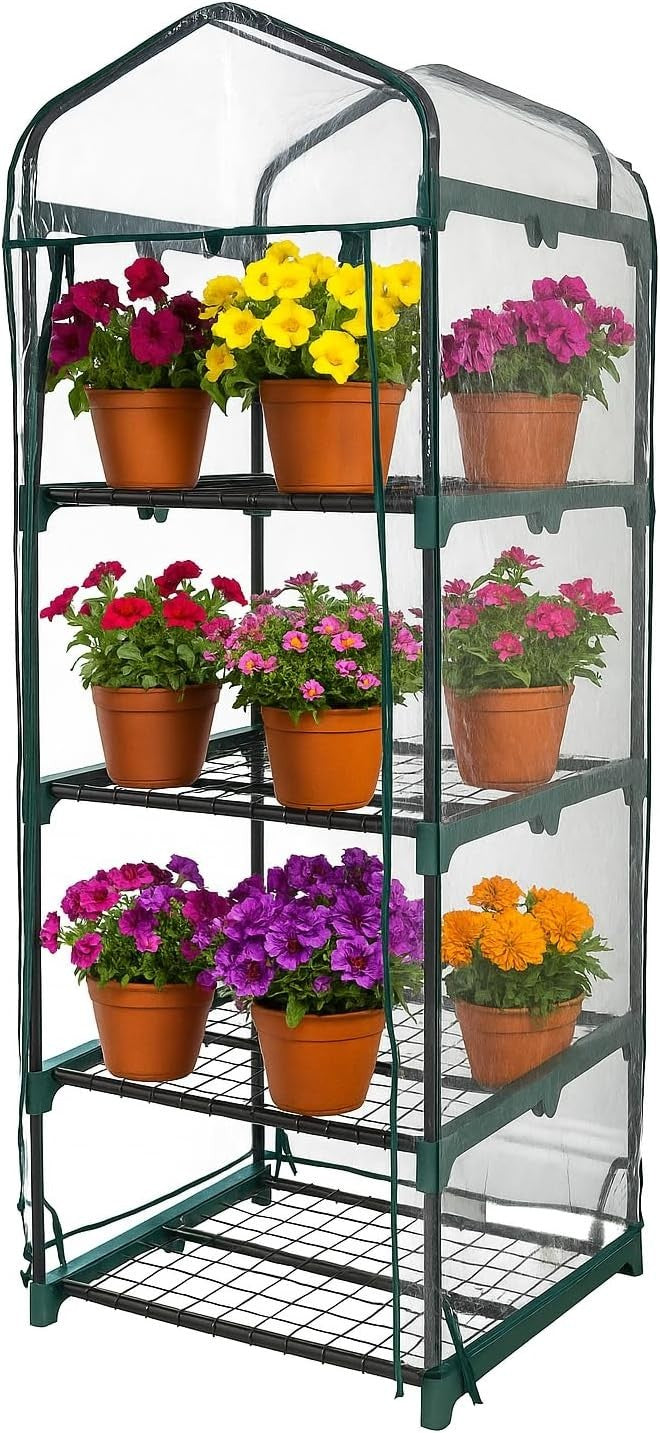 4 Tier Mini Greenhouse with Clear PVC Cover | Heavy Duty Steel Frame | Compact