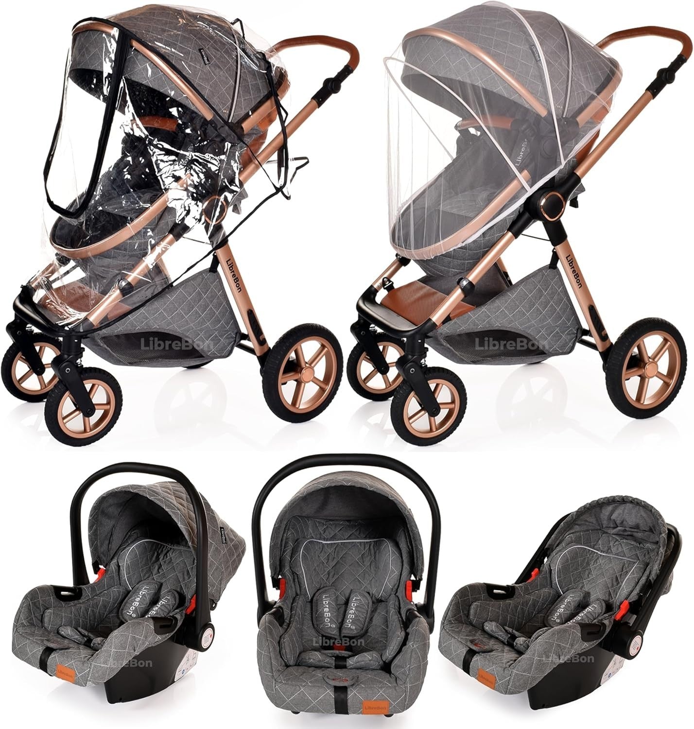 Luxury 3in1 Baby Pram Pushchair Car Seat Foldable Rose Gold Grey