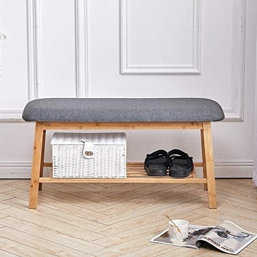 Bamboo Shoe Rack Bench with Padded Linen Seat Grey – Entryway Storage