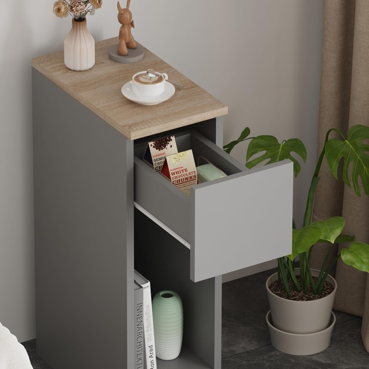 Slim Grey Bedside Table with Drawer & Shelf – Modern Narrow Nightstand Storage