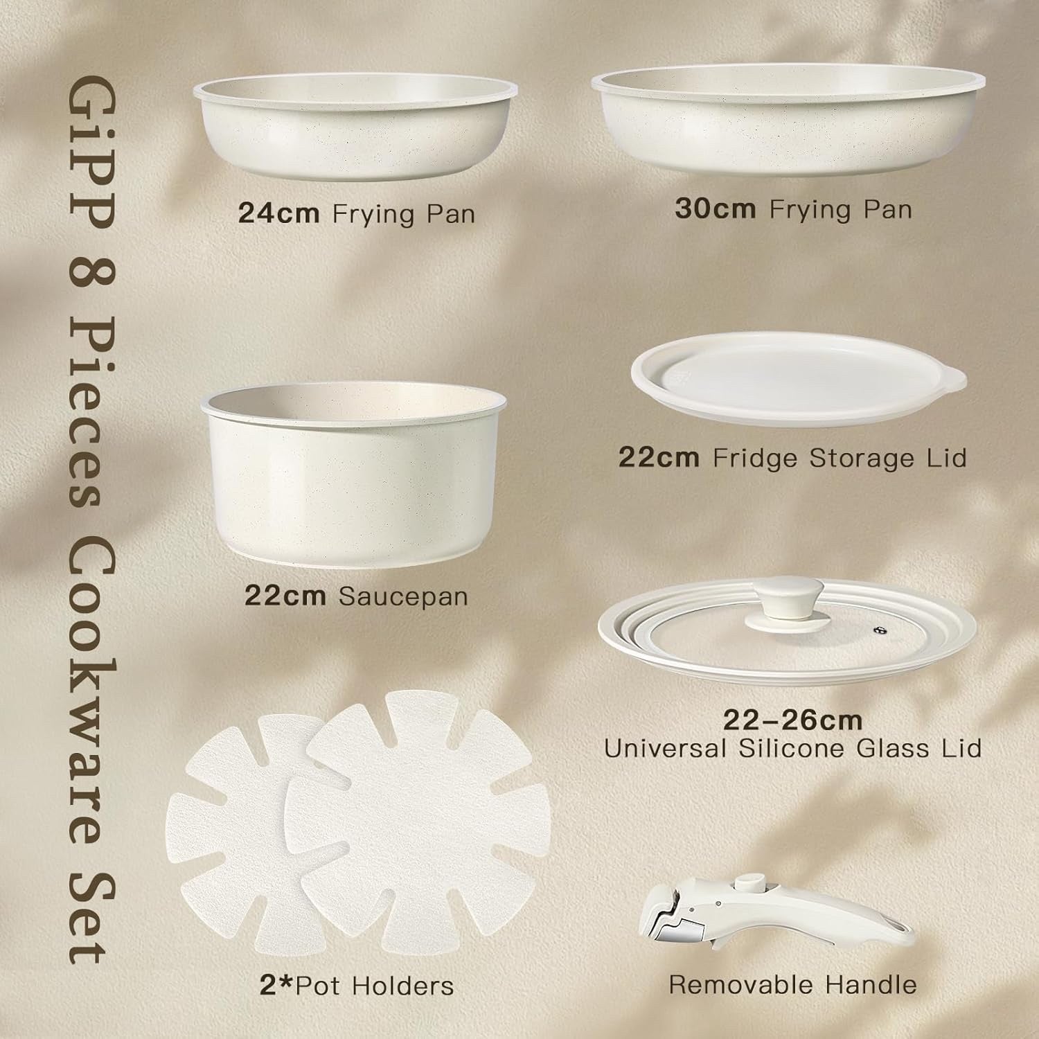 8pcs White Plus Ceramic Non Stick Induction Cookware Set with Detachable Handle