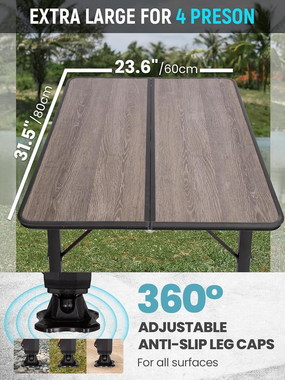 Portable Folding Bamboo Camping Table Adjustable Picnic Table 80kg Load