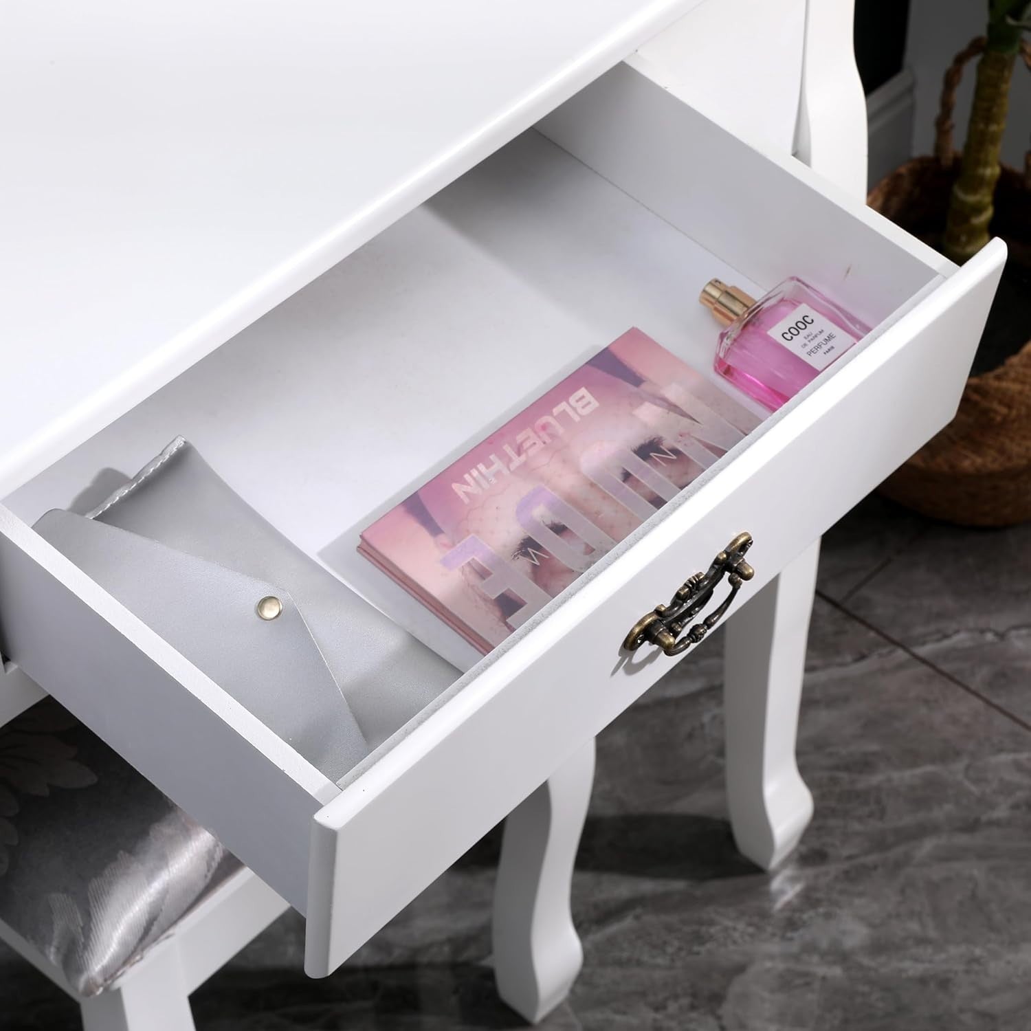 Vintage White Vanity Dressing Table Mirror Stool Set 3 Drawers Engineered Wood