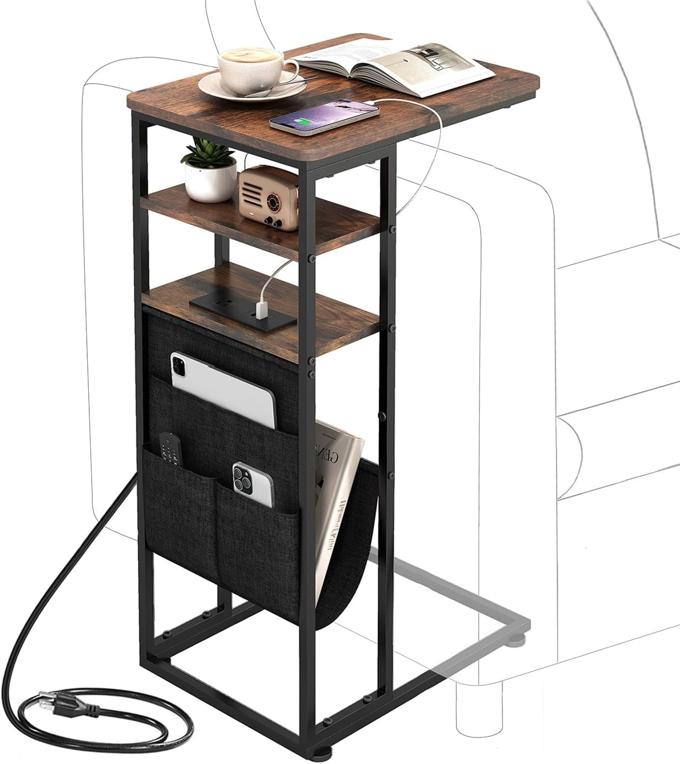Retro C-Shaped End Table with Charging Station 3-Tier Storage Slim Sofa Table