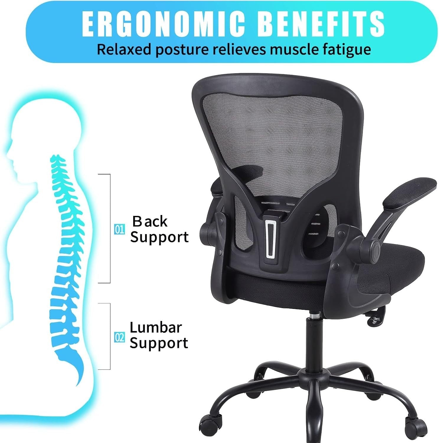 Ergonomic Office Chair Mesh Back Flip Armrests Adjustable Height Reclining Desk