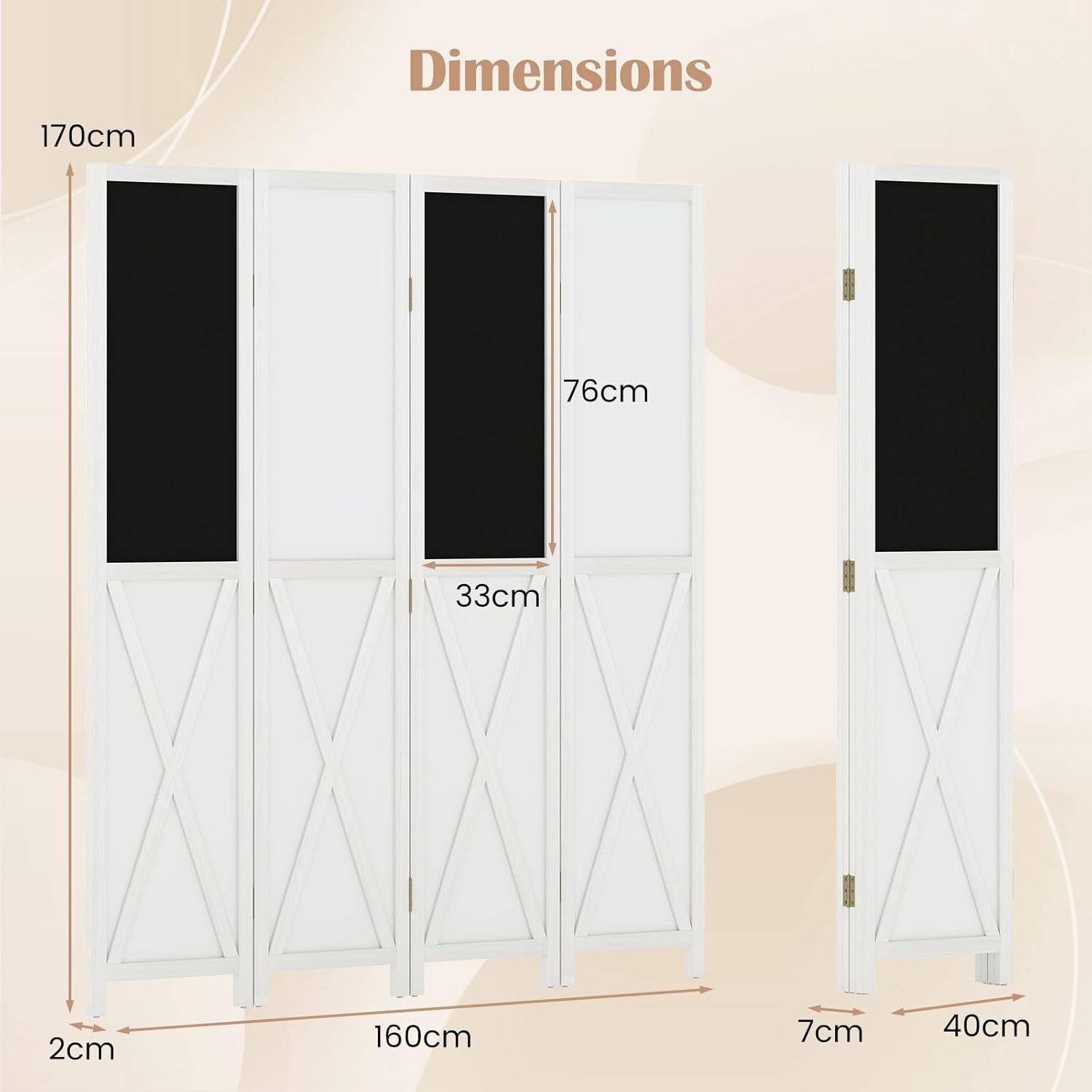 4 Panel White Folding Room Divider with Blackboard & Whiteboard 160x170cm
