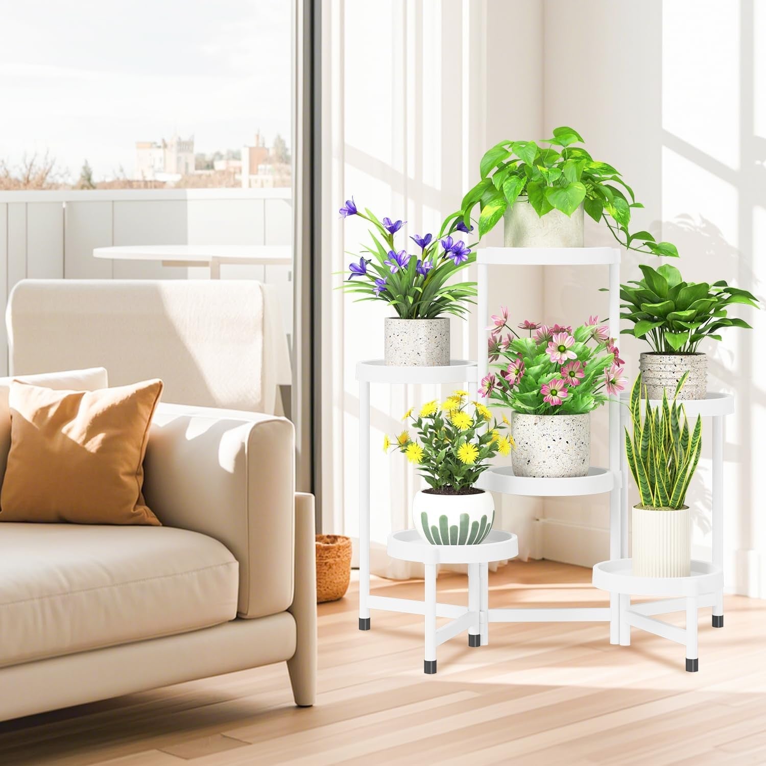 6 Tier Folding Plant Stand Indoor Outdoor | White Metal Corner Flower Rack