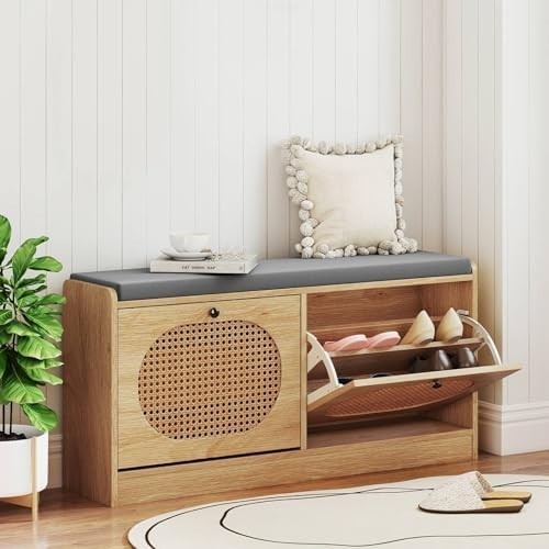 Rattan Shoe Bench with Cushion 2-Door Storage Cabinet Adjustable Shelves Unit