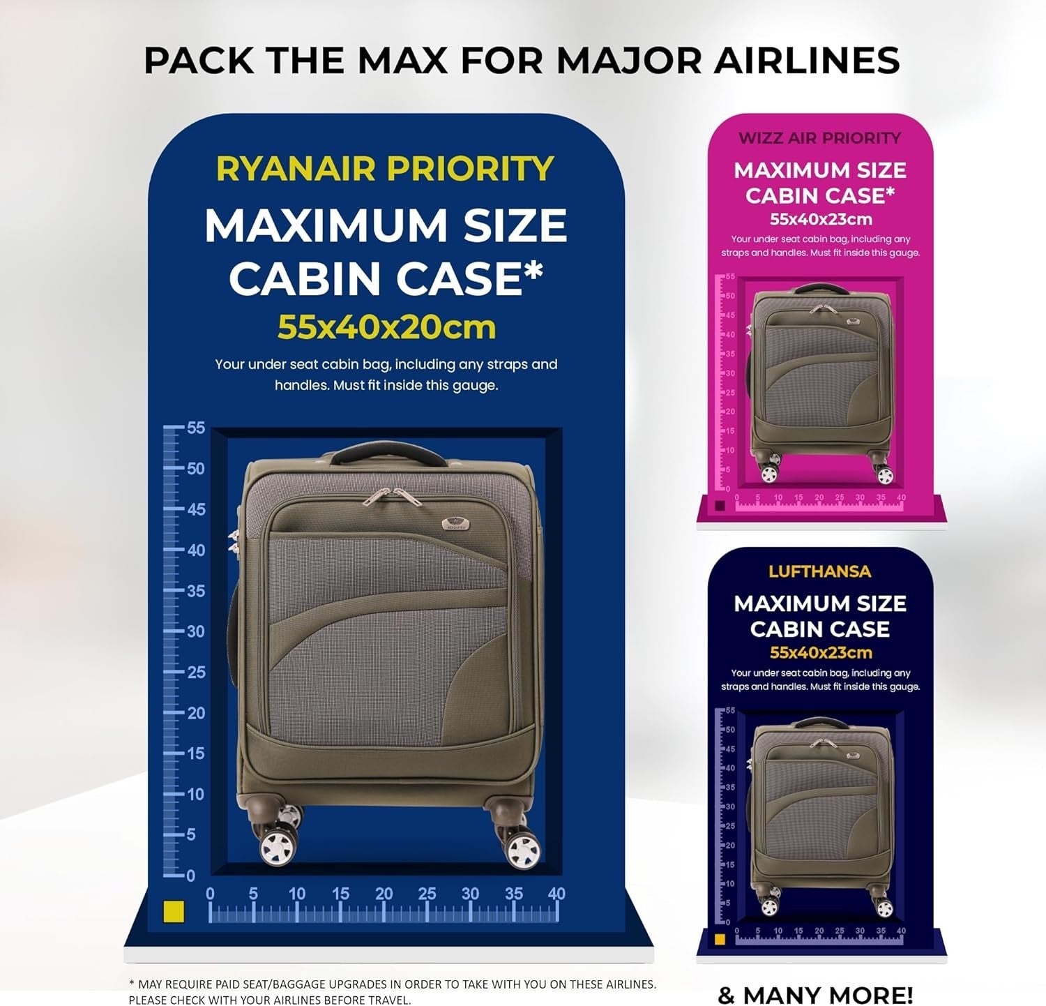 Expandable Cabin Suitcase 55x40x20 Lightweight Carry On 4 Wheel Ryanair