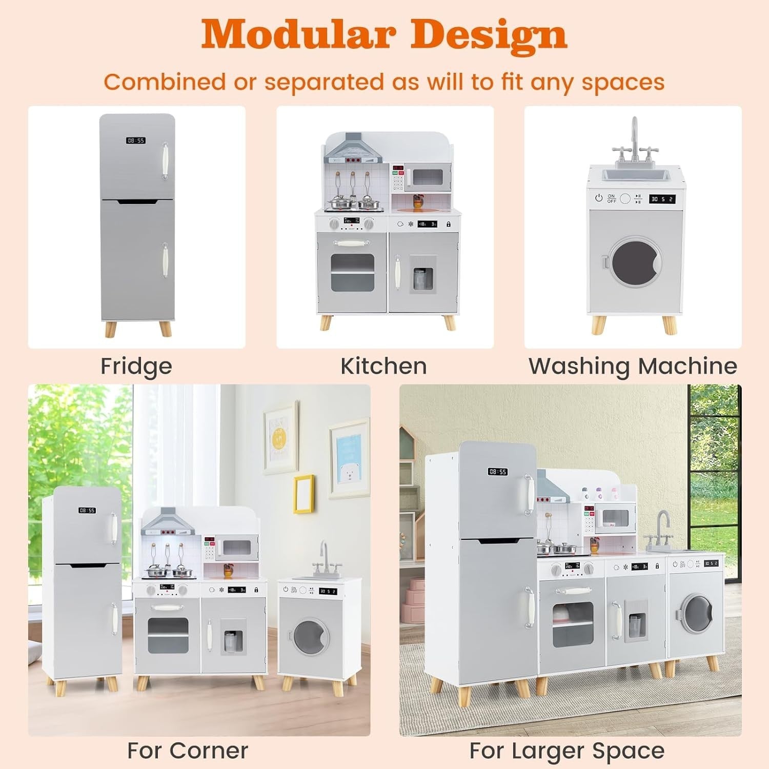 Large Wooden Kids Play Kitchen Set Light Sound Fridge Washer Microwave
