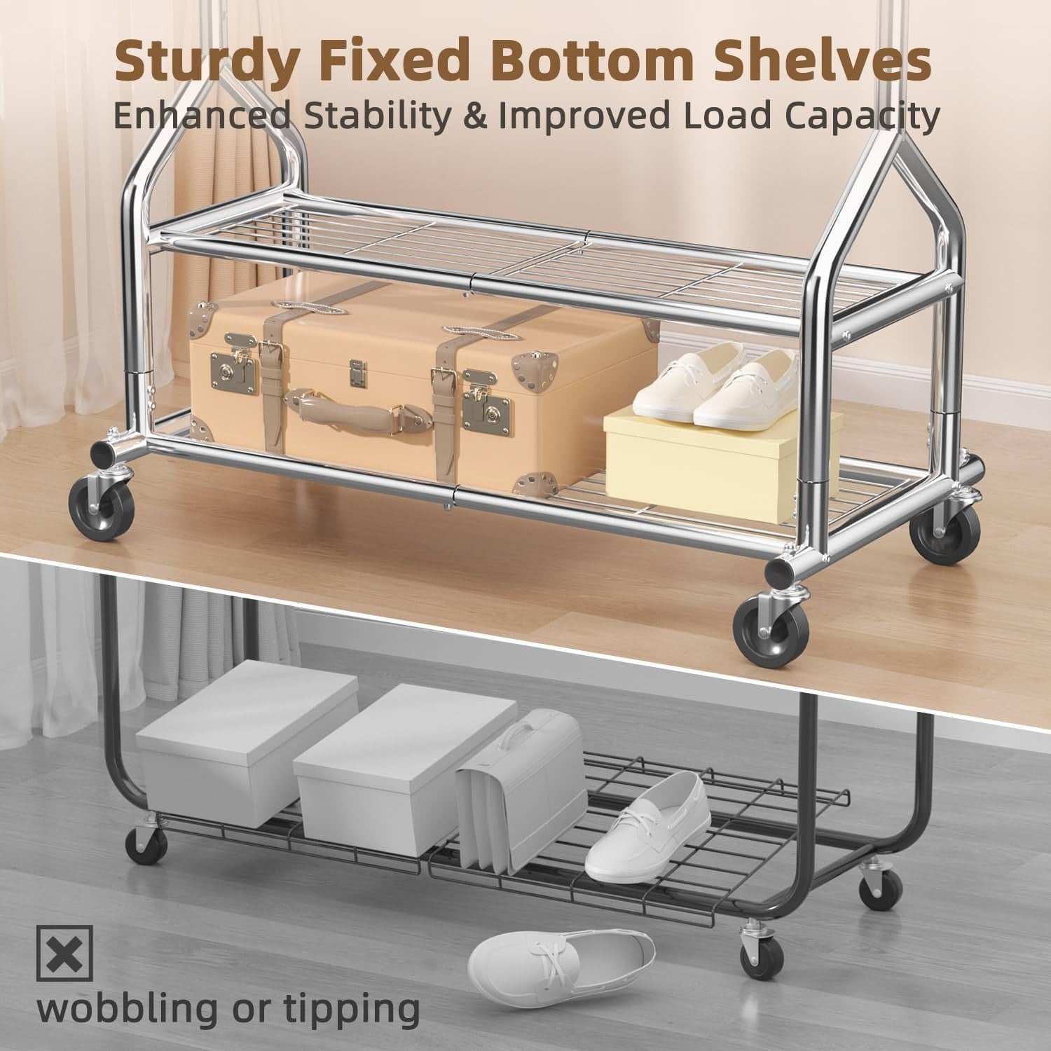 Silver Heavy Duty 252KG Clothes Rail With Shelves & Wheels