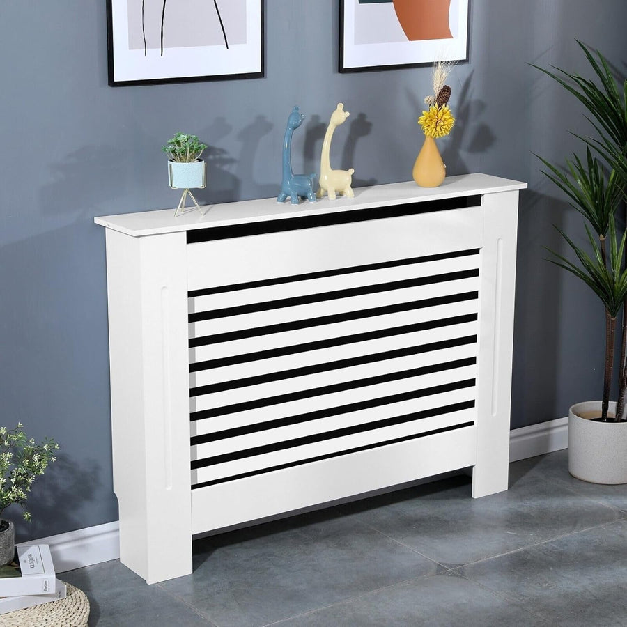 White Radiator Cover MDF Modern Horizontal Slat Cabinet Medium W112xH81cm