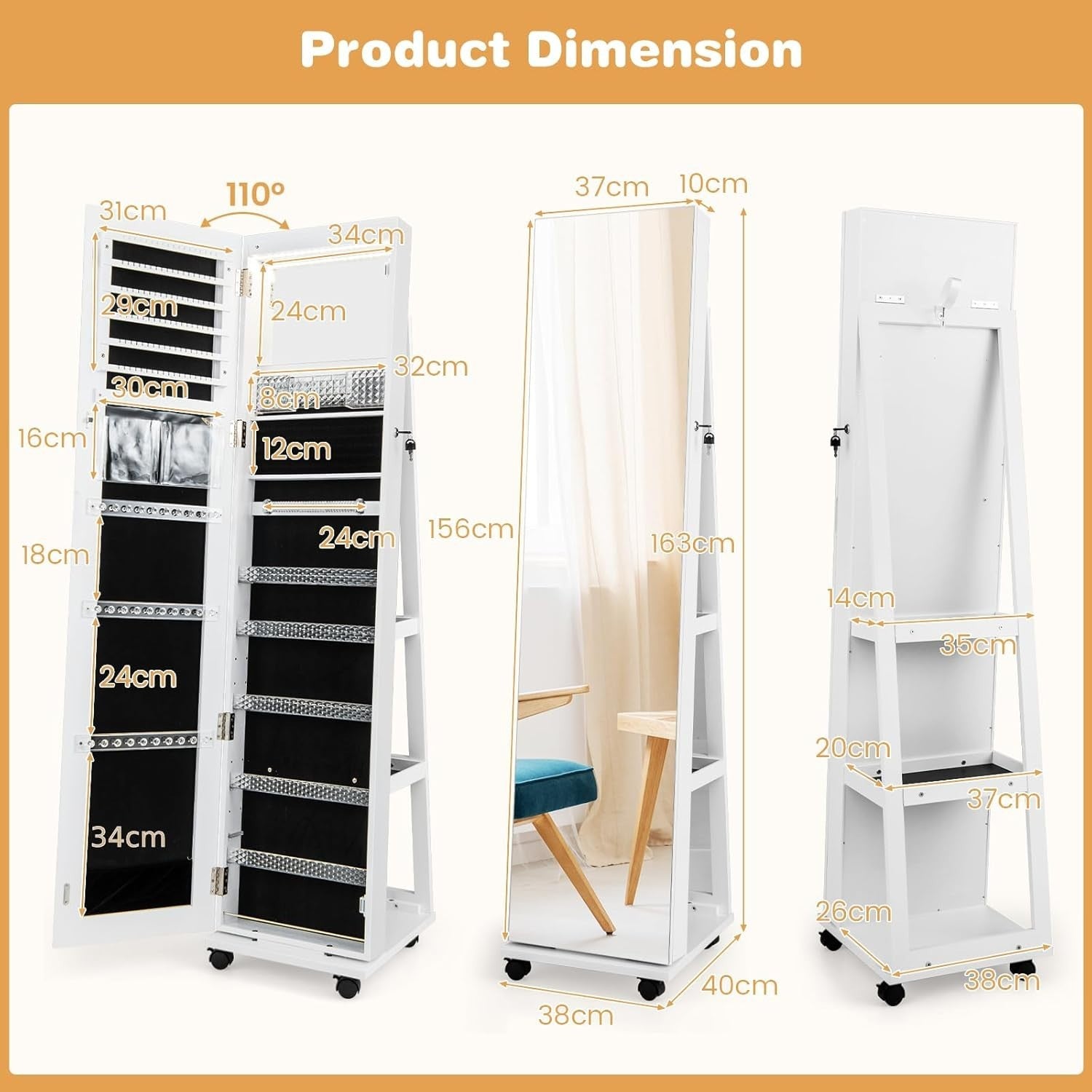 White 360° Swivel Jewelry Cabinet LED Mirror Lockable Rolling Storage