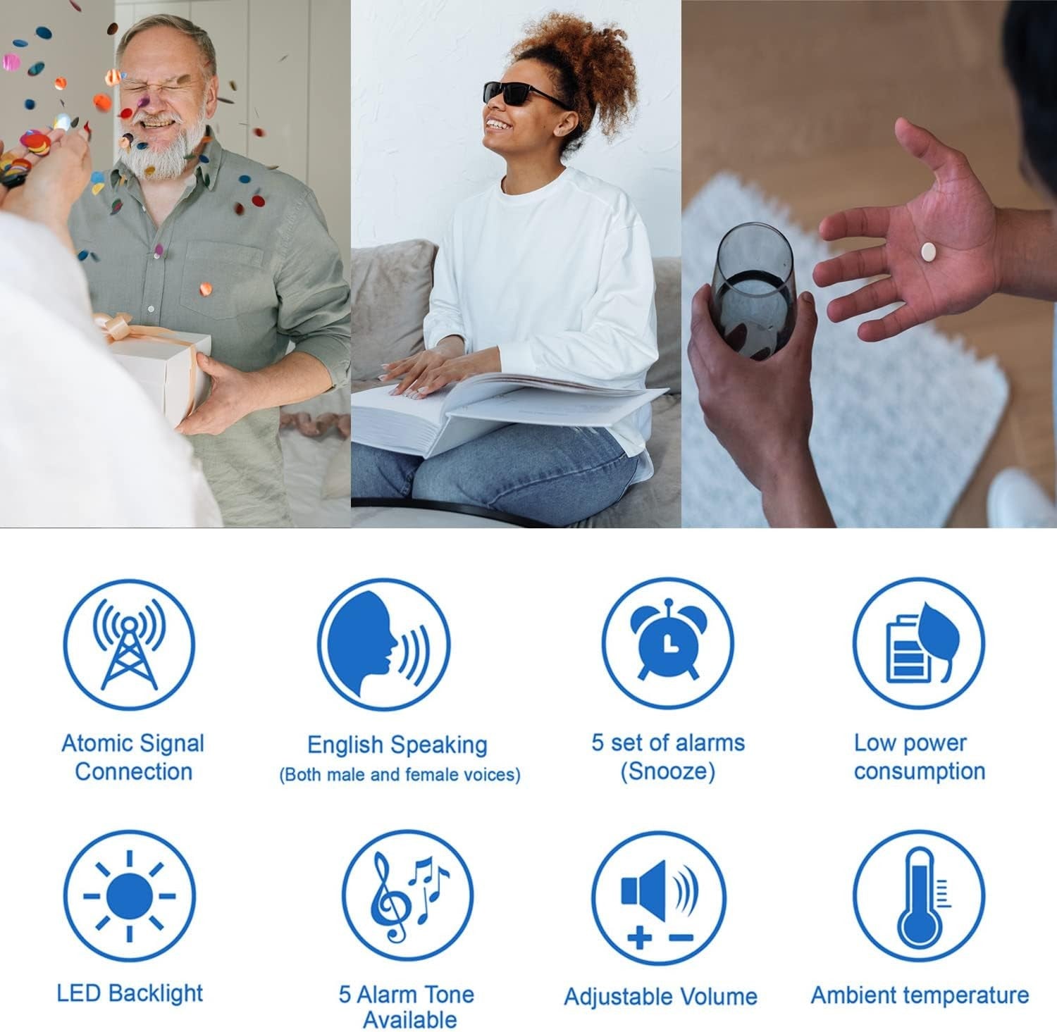 White Talking Dementia Alarm Clock Large Numbers Voice Time Announce