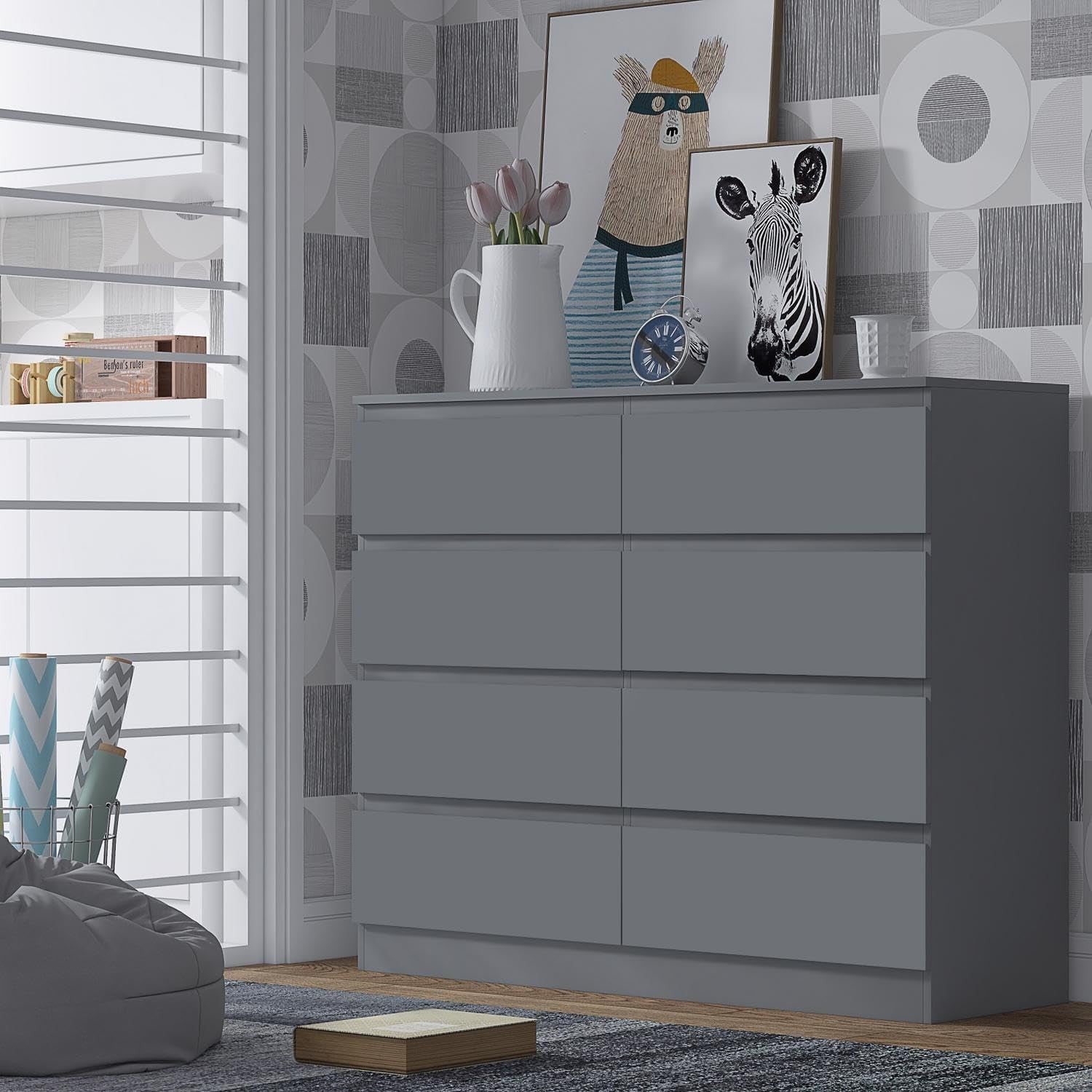 Matt Grey 8 Drawer Chest XL Modern Storage Cabinet Bedroom Dresser Unit