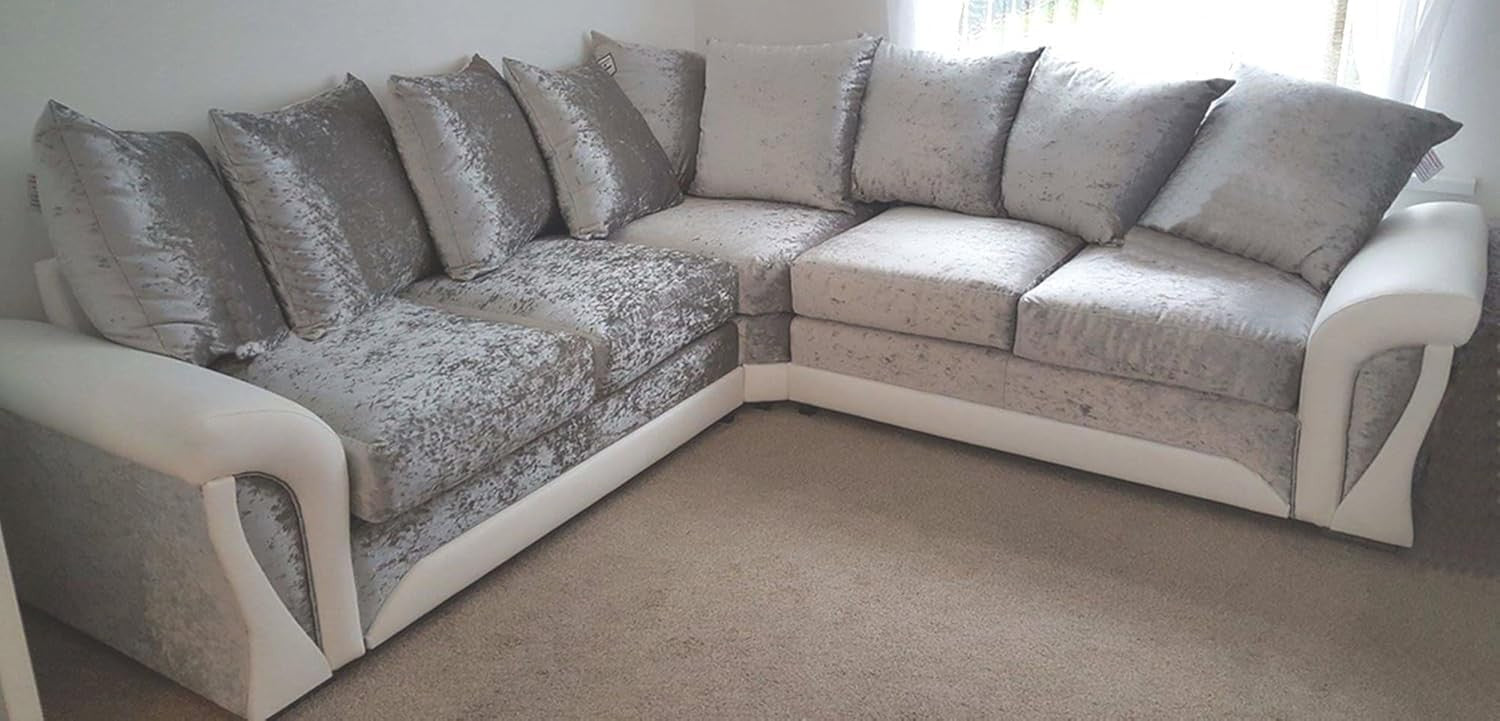 Silver 2C2 Corner Sofa 5 Seater Crushed Velvet L-Shape with Scatter Cushions