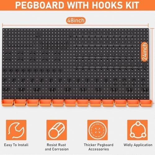 48x24 Inch Metal Pegboard Kit 4 Panels 156 Hooks Wall Mount Organizer
