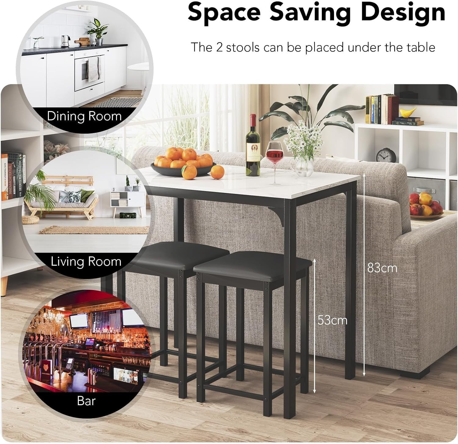 3 Piece Breakfast Bar Table Set with Stools Small Space Dining Table White