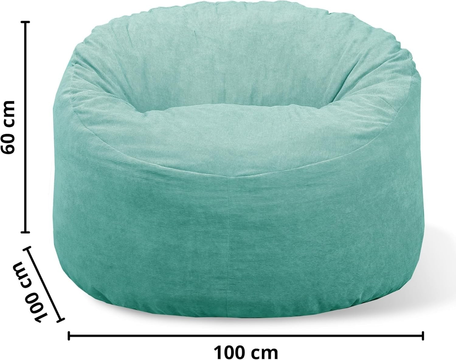 Green Corduroy Bean Bag Chair 100cm – Soft Foam Seat for Adults & Kids