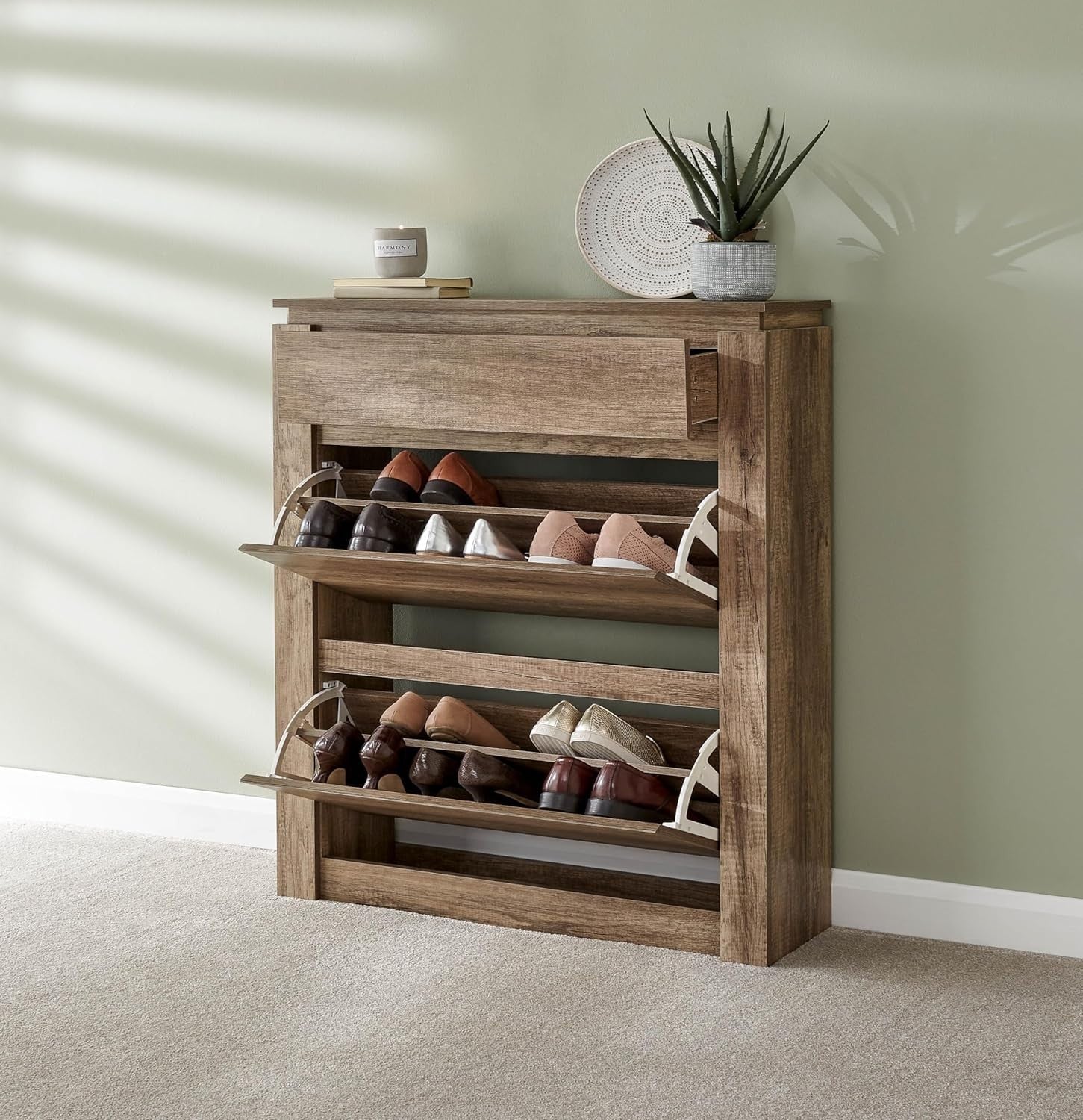 Oak Shoe Storage Cabinet with 3 Drawers & Adjustable Shelf – Space Saver
