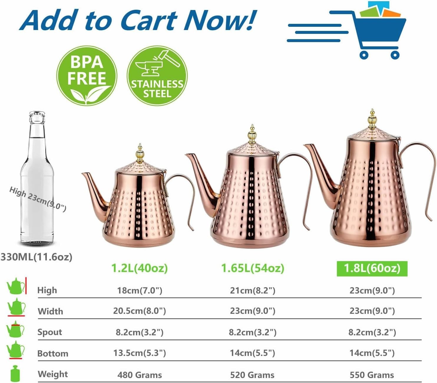 Copper Stainless Steel Teapot 60oz 1.8L w/ Infuser Hammered Finish