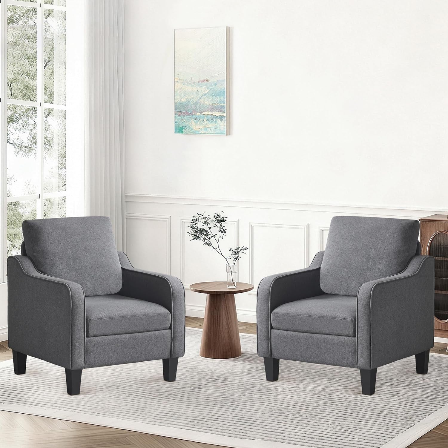 Set of 2 Mid Century Modern Accent Armchairs Linen Dark Grey