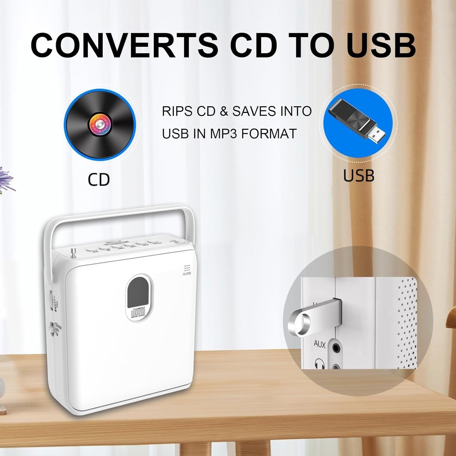 Portable CD Player Bluetooth FM Radio USB Recording HiFi Speakers LCD